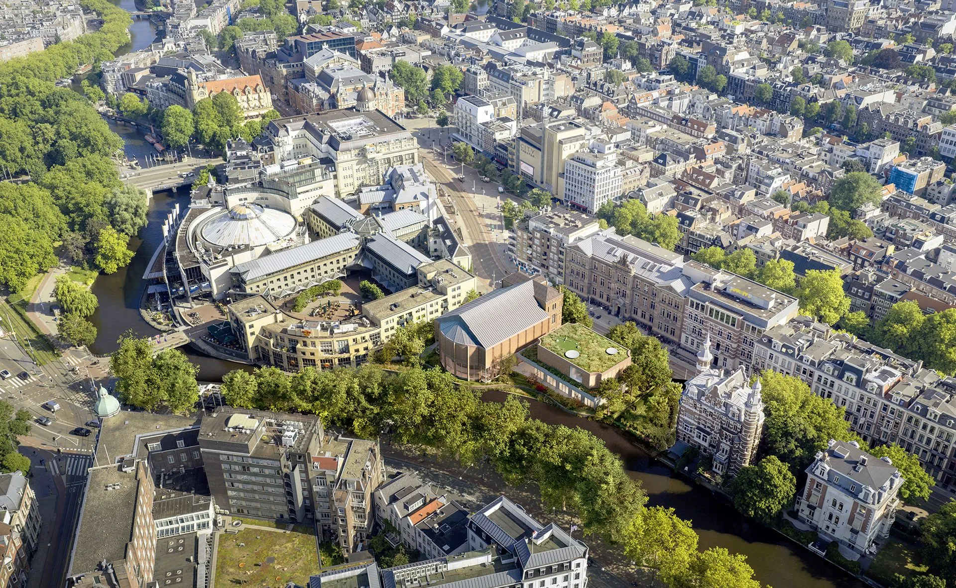 Luchtfoto met mogelijk nieuw gebouw Paradiso